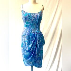 Vintage 80’s AJ BARI for Neiman Marcus Blue Floral Silk Dress w Matching‎ Jacket